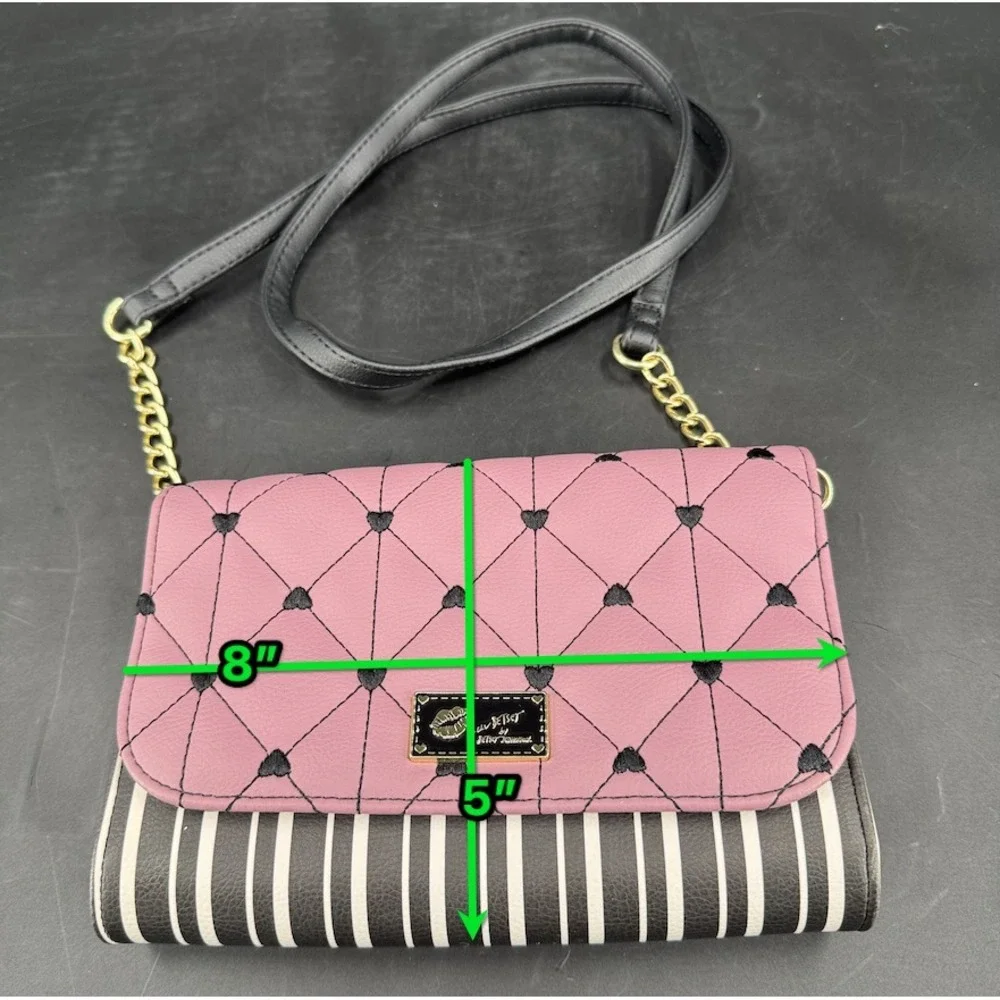 Luv Betsey by Betsey Johnson WOMENS Pink Black White Heart Quilted Crossbody